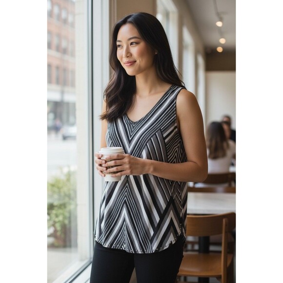 Michael Kors Tunic Top Black White Sleeveless Beaded  V Neck High Low Size 12 - Picture 1 of 6